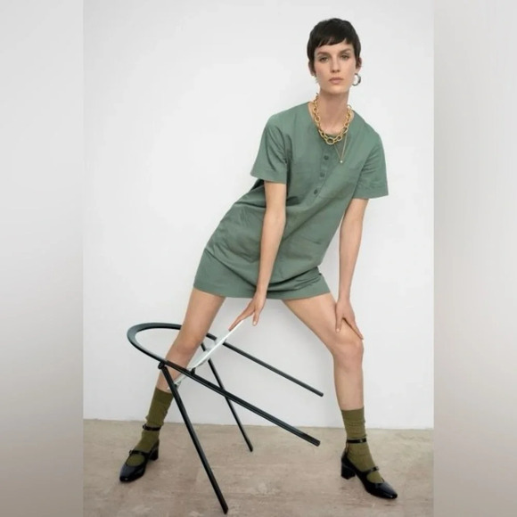 A.P.C. Rue Madame Paris Seraphie Khaki Mini Dress Short Sleeved EU 34, US 0/2 XS - Picture 1 of 10